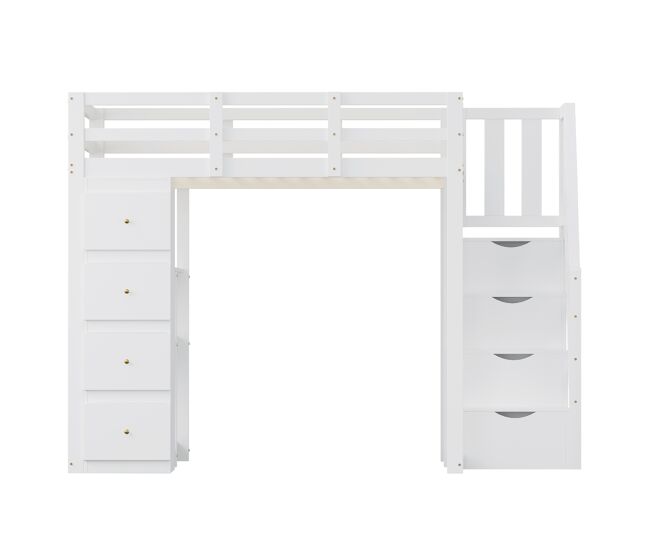 Cama alta 140 x 200 cm - madera maciza multifuncional con cajones, cómoda con estantes y escalera segura - blanco