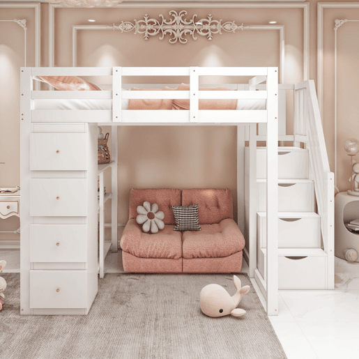 Cama alta 140 x 200 cm - madeira maciça multifuncional com gavetas, cómoda com prateleiras e escada segura - branco Cama alta 140 x 200 cm - madeira maciça multifuncional com gavetas, cómoda com prateleiras e escada segura - branco