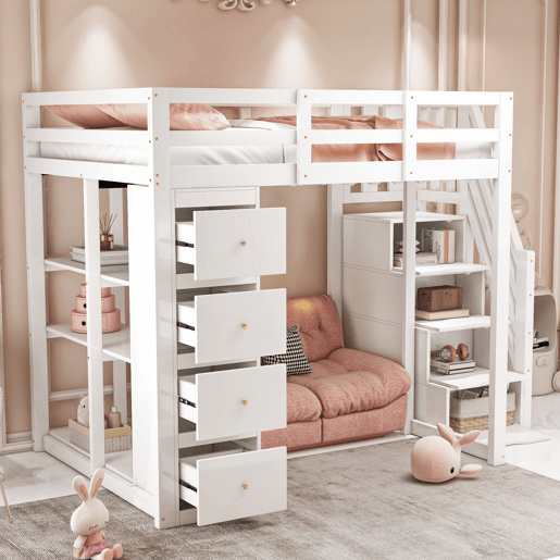 Cama alta 140 x 200 cm - madeira maciça multifuncional com gavetas, cómoda com prateleiras e escada segura - branco Cama alta 140 x 200 cm - madeira maciça multifuncional com gavetas, cómoda com prateleiras e escada segura - branco
