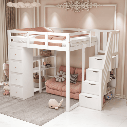 Cama alta 140 x 200 cm - madeira maciça multifuncional com gavetas, cómoda com prateleiras e escada segura - branco Cama alta 140 x 200 cm - madeira maciça multifuncional com gavetas, cómoda com prateleiras e escada segura - branco