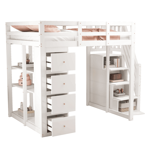 Cama alta 140 x 200 cm - madeira maciça multifuncional com gavetas, cómoda com prateleiras e escada segura - branco Cama alta 140 x 200 cm - madeira maciça multifuncional com gavetas, cómoda com prateleiras e escada segura - branco