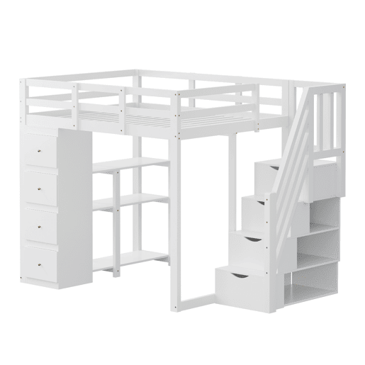 Cama alta 140 x 200 cm - madeira maciça multifuncional com gavetas, cómoda com prateleiras e escada segura - branco Cama alta 140 x 200 cm - madeira maciça multifuncional com gavetas, cómoda com prateleiras e escada segura - branco