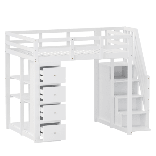 Cama alta 140 x 200 cm - madeira maciça multifuncional com gavetas, cómoda com prateleiras e escada segura - branco Cama alta 140 x 200 cm - madeira maciça multifuncional com gavetas, cómoda com prateleiras e escada segura - branco