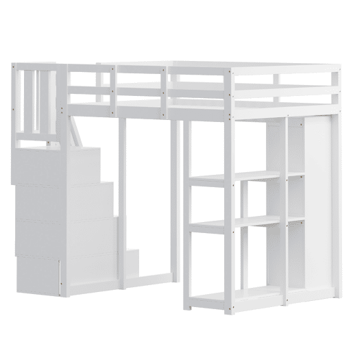 Cama alta 140 x 200 cm - madeira maciça multifuncional com gavetas, cómoda com prateleiras e escada segura - branco Cama alta 140 x 200 cm - madeira maciça multifuncional com gavetas, cómoda com prateleiras e escada segura - branco