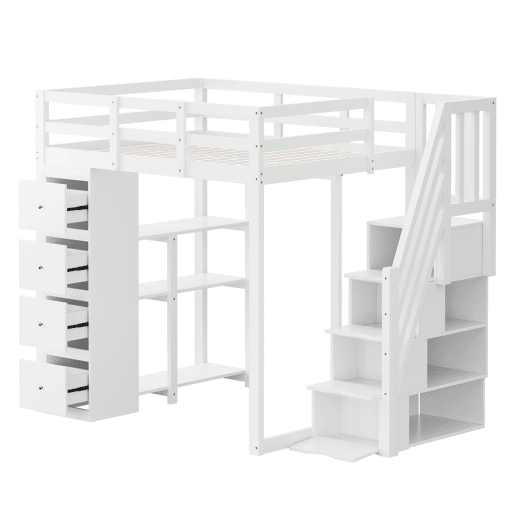 Cama alta 140 x 200 cm - madeira maciça multifuncional com gavetas, cómoda com prateleiras e escada segura - branco Cama alta 140 x 200 cm - madeira maciça multifuncional com gavetas, cómoda com prateleiras e escada segura - branco