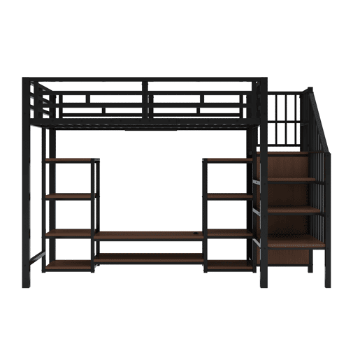 Cama alta 90x200 com suporte para TV, tomada e escada de segurança - Combinação metal-madeira, preto Cama alta 90x200 com suporte para TV, tomada e escada de segurança - Combinação metal-madeira, preto