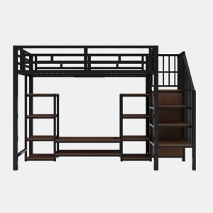 Cama alta 90x200 com suporte para TV, tomada e escada de segurança - Combinação metal-madeira, preto