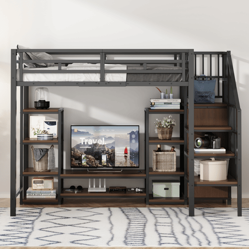 Cama alta 90x200 com suporte para TV, tomada e escada de segurança - Combinação metal-madeira, preto Cama alta 90x200 com suporte para TV, tomada e escada de segurança - Combinação metal-madeira, preto