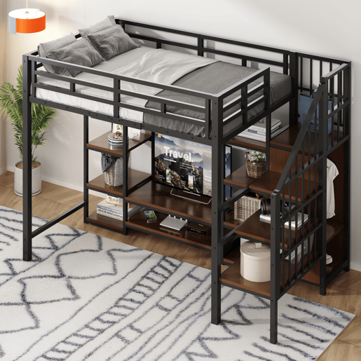 Cama alta 90x200 com suporte para TV, tomada e escada de segurança - Combinação metal-madeira, preto Cama alta 90x200 com suporte para TV, tomada e escada de segurança - Combinação metal-madeira, preto