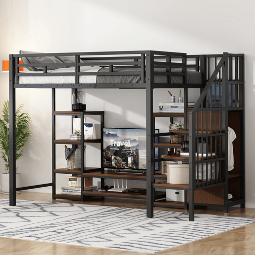 Cama alta 90x200 com suporte para TV, tomada e escada de segurança - Combinação metal-madeira, preto Cama alta 90x200 com suporte para TV, tomada e escada de segurança - Combinação metal-madeira, preto
