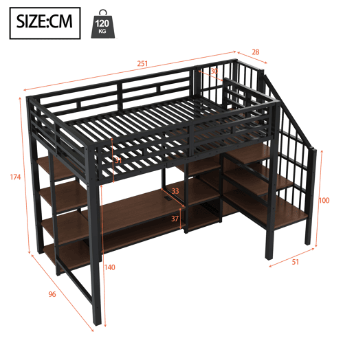 Cama alta 90x200 com suporte para TV, tomada e escada de segurança - Combinação metal-madeira, preto Cama alta 90x200 com suporte para TV, tomada e escada de segurança - Combinação metal-madeira, preto