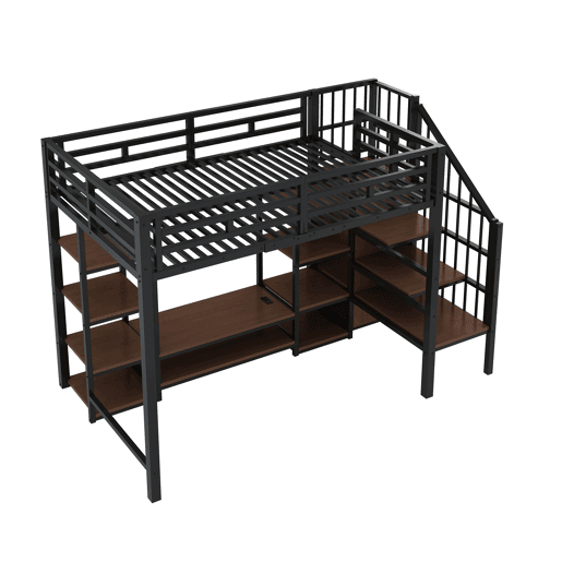 Cama alta 90x200 com suporte para TV, tomada e escada de segurança - Combinação metal-madeira, preto Cama alta 90x200 com suporte para TV, tomada e escada de segurança - Combinação metal-madeira, preto
