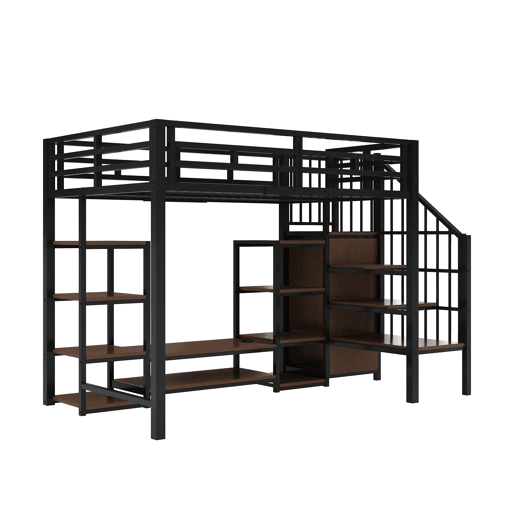 Cama alta 90x200 com suporte para TV, tomada e escada de segurança - Combinação metal-madeira, preto Cama alta 90x200 com suporte para TV, tomada e escada de segurança - Combinação metal-madeira, preto