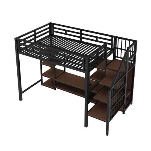 Cama alta 90x200 com suporte para TV, tomada e escada de segurança - Combinação metal-madeira, preto Cama alta 90x200 com suporte para TV, tomada e escada de segurança - Combinação metal-madeira, preto
