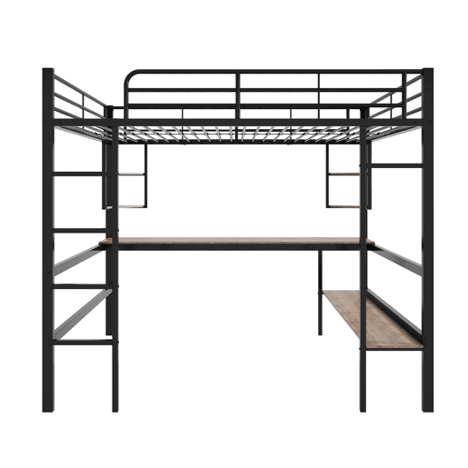 Cama mezzanine em ferro - 140x200 cm - com secretária e 5 prateleiras - Preto