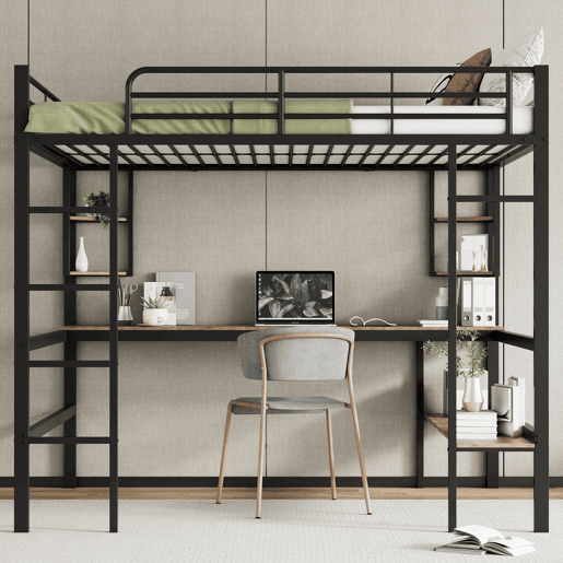 Cama mezzanine em ferro - 140x200 cm - com secretária e 5 prateleiras - Preto