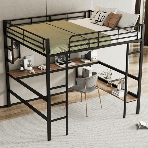 Cama mezzanine em ferro - 140x200 cm - com secretária e 5 prateleiras - Preto