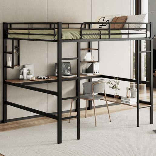 Cama mezzanine em ferro - 140x200 cm - com secretária e 5 prateleiras - Preto