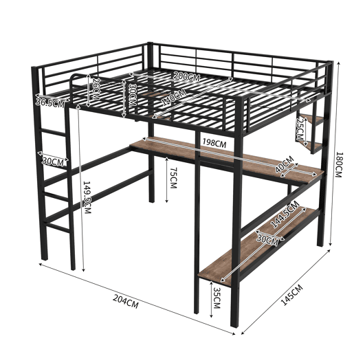 Cama mezzanine em ferro - 140x200 cm - com secretária e 5 prateleiras - Preto