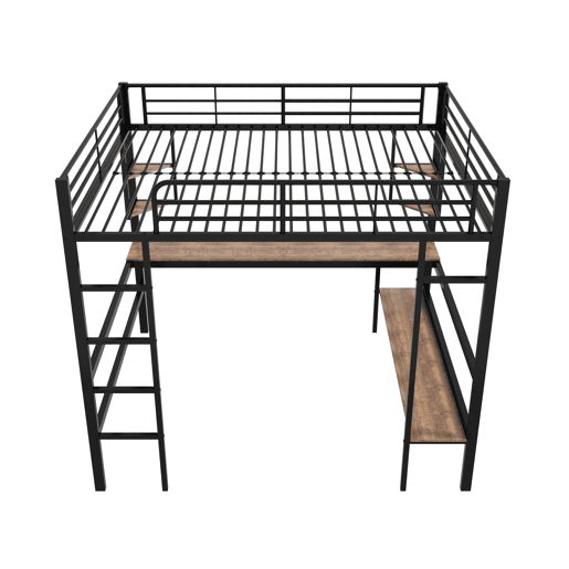 Cama mezzanine em ferro - 140x200 cm - com secretária e 5 prateleiras - Preto