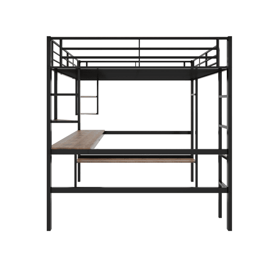 Cama mezzanine em ferro - 140x200 cm - com secretária e 5 prateleiras - Preto
