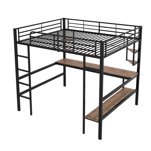 Cama mezzanine em ferro - 140x200 cm - com secretária e 5 prateleiras - Preto