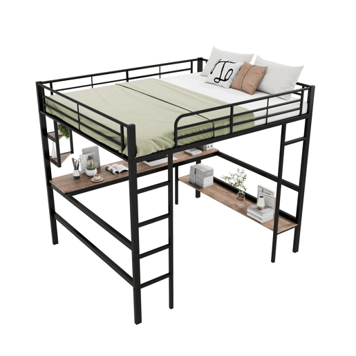 Cama mezzanine em ferro - 140x200 cm - com secretária e 5 prateleiras - Preto