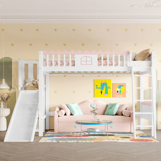 Cama alta infantil 90x200 - Com LED, prateleiras, escorregador, certificado EN747 - Branco Cama alta infantil 90x200 - Com LED, prateleiras, escorregador, certificado EN747 - Branco