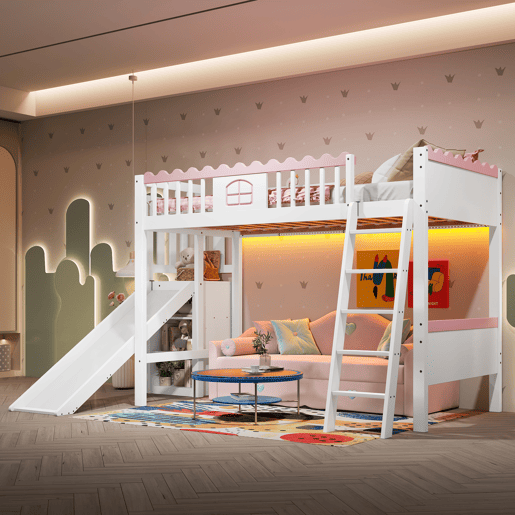 Cama alta infantil 90x200 - Com LED, prateleiras, escorregador, certificado EN747 - Branco Cama alta infantil 90x200 - Com LED, prateleiras, escorregador, certificado EN747 - Branco