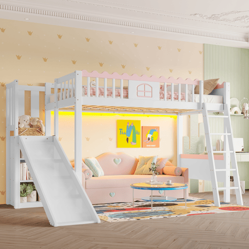 Cama alta infantil 90x200 - Com LED, prateleiras, escorregador, certificado EN747 - Branco Cama alta infantil 90x200 - Com LED, prateleiras, escorregador, certificado EN747 - Branco