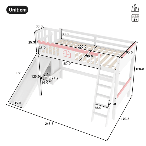 Cama alta infantil 90x200 - Com LED, prateleiras, escorregador, certificado EN747 - Branco Cama alta infantil 90x200 - Com LED, prateleiras, escorregador, certificado EN747 - Branco