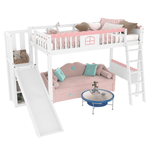 Cama alta infantil 90x200 - Com LED, prateleiras, escorregador, certificado EN747 - Branco Cama alta infantil 90x200 - Com LED, prateleiras, escorregador, certificado EN747 - Branco