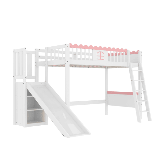 Cama alta infantil 90x200 - Com LED, prateleiras, escorregador, certificado EN747 - Branco Cama alta infantil 90x200 - Com LED, prateleiras, escorregador, certificado EN747 - Branco