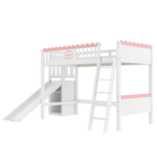 Cama alta infantil 90x200 - Com LED, prateleiras, escorregador, certificado EN747 - Branco Cama alta infantil 90x200 - Com LED, prateleiras, escorregador, certificado EN747 - Branco