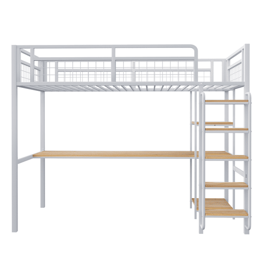 Cama alta metálica 90x200 cm - com secretária e escada de segurança - Branco Cama alta metálica 90x200 cm - com secretária e escada de segurança - Branco