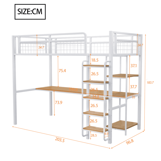 Cama alta metálica 90x200 cm - com secretária e escada de segurança - Branco Cama alta metálica 90x200 cm - com secretária e escada de segurança - Branco