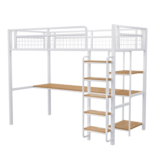 Cama alta metálica 90x200 cm - com secretária e escada de segurança - Branco Cama alta metálica 90x200 cm - com secretária e escada de segurança - Branco