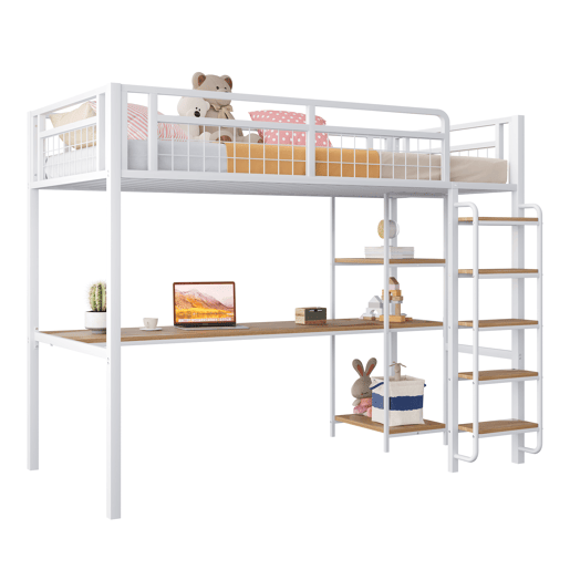 Cama alta metálica 90x200 cm - com secretária e escada de segurança - Branco Cama alta metálica 90x200 cm - com secretária e escada de segurança - Branco