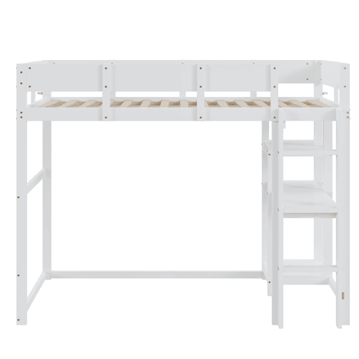 Cama alta 90x200 cm - Com prateleira, estrutura em pinho maciço, base de ripas, branca Cama alta 90x200 cm - Com prateleira, estrutura em pinho maciço, base de ripas, branca