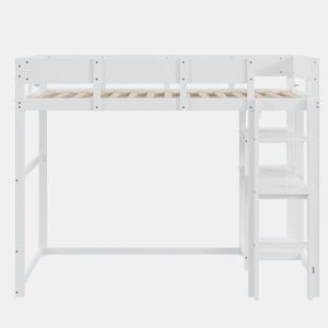 Cama alta 90x200 cm - Com prateleira, estrutura em pinho maciço, base de ripas, branca