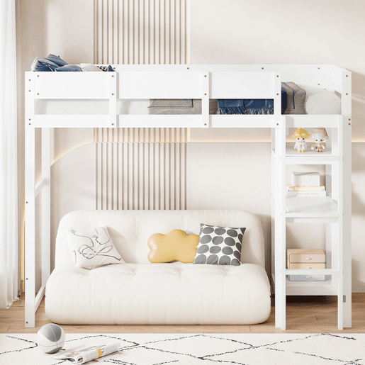 Cama alta 90x200 cm - Com prateleira, estrutura em pinho maciço, base de ripas, branca Cama alta 90x200 cm - Com prateleira, estrutura em pinho maciço, base de ripas, branca