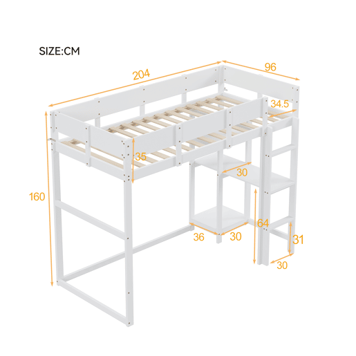 Cama alta 90x200 cm - Com prateleira, estrutura em pinho maciço, base de ripas, branca Cama alta 90x200 cm - Com prateleira, estrutura em pinho maciço, base de ripas, branca