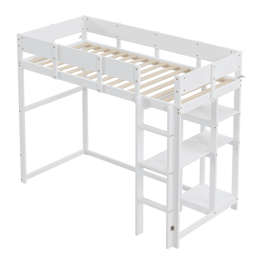 Cama alta 90x200 cm - Com prateleira, estrutura em pinho maciço, base de ripas, branca Cama alta 90x200 cm - Com prateleira, estrutura em pinho maciço, base de ripas, branca