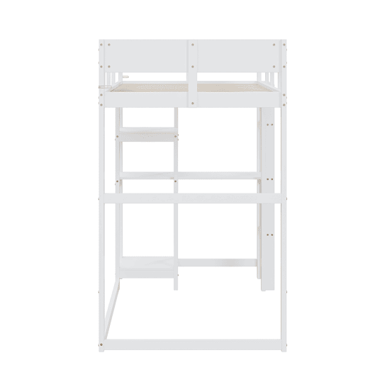 Cama alta 90x200 cm - Com prateleira, estrutura em pinho maciço, base de ripas, branca Cama alta 90x200 cm - Com prateleira, estrutura em pinho maciço, base de ripas, branca