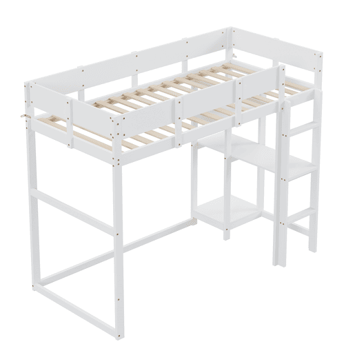 Cama alta 90x200 cm - Com prateleira, estrutura em pinho maciço, base de ripas, branca Cama alta 90x200 cm - Com prateleira, estrutura em pinho maciço, base de ripas, branca