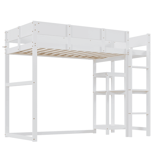 Cama alta 90x200 cm - Com prateleira, estrutura em pinho maciço, base de ripas, branca Cama alta 90x200 cm - Com prateleira, estrutura em pinho maciço, base de ripas, branca