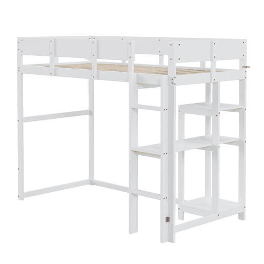 Cama alta 90x200 cm - Com prateleira, estrutura em pinho maciço, base de ripas, branca Cama alta 90x200 cm - Com prateleira, estrutura em pinho maciço, base de ripas, branca
