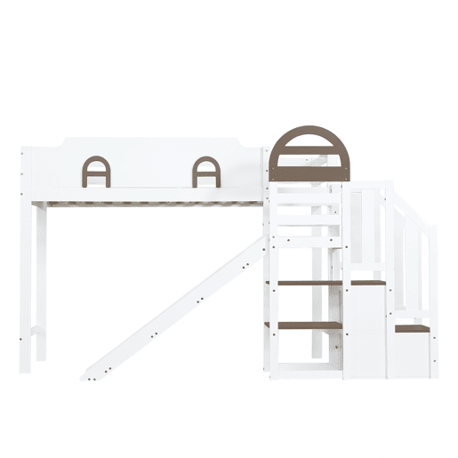 Beliche 90x200cm - Com janela, escorregador, escada com corrimão, 2 gavetas na escada, design versátil, grande capacidade de armazenamento - Branco+Madeira Beliche 90x200cm - Com janela, escorregador, escada com corrimão, 2 gavetas na escada, design versátil, grande capacidade de armazenamento - Branco+Madeira