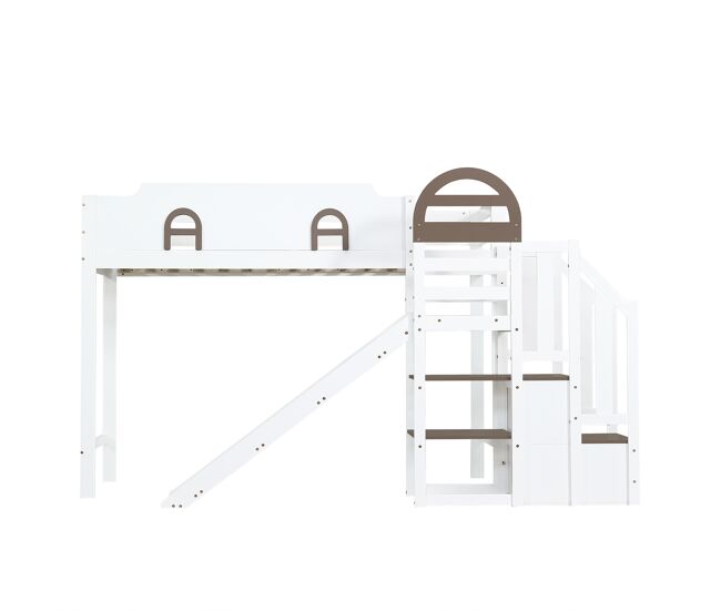Cama litera 90x200cm - con ventana, con tobogán, escalera con barandilla, 2 cajones en la escalera, diseño versátil, gran capacidad de almacenamiento