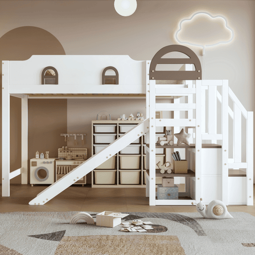 Beliche 90x200cm - Com janela, escorregador, escada com corrimão, 2 gavetas na escada, design versátil, grande capacidade de armazenamento - Branco+Madeira Beliche 90x200cm - Com janela, escorregador, escada com corrimão, 2 gavetas na escada, design versátil, grande capacidade de armazenamento - Branco+Madeira